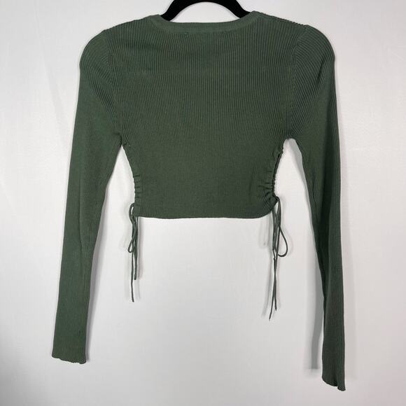 Zara Womens Small S Green Cropped Ribbed Sweater Side Tie Keyhole Opening Fitted - Picture 2 of 8